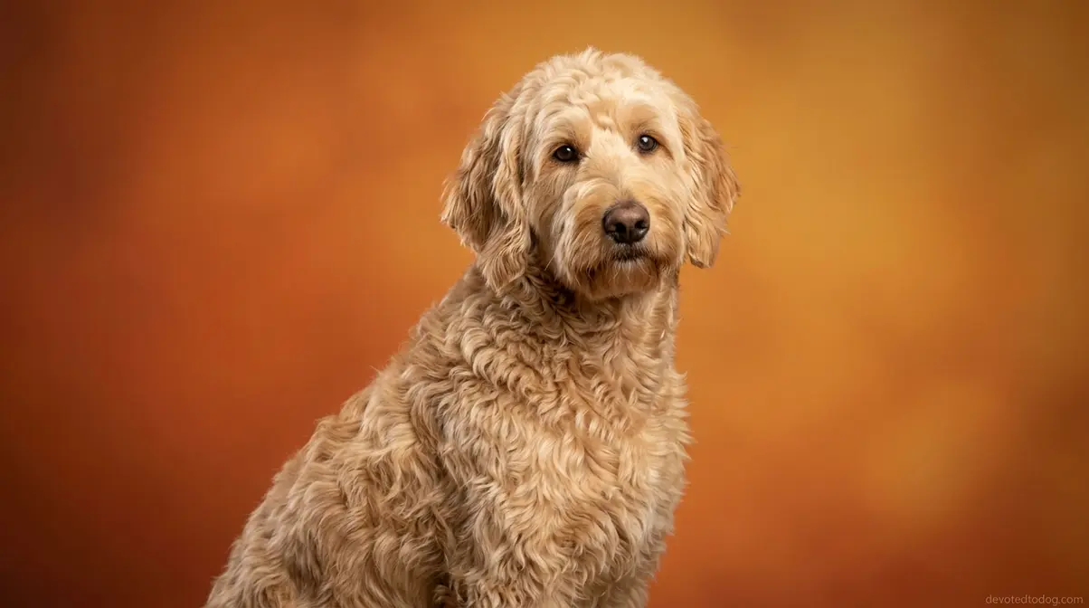 Standard Goldendoodle with wavy golden coat showing low-shedding alternative to Golden Retriever