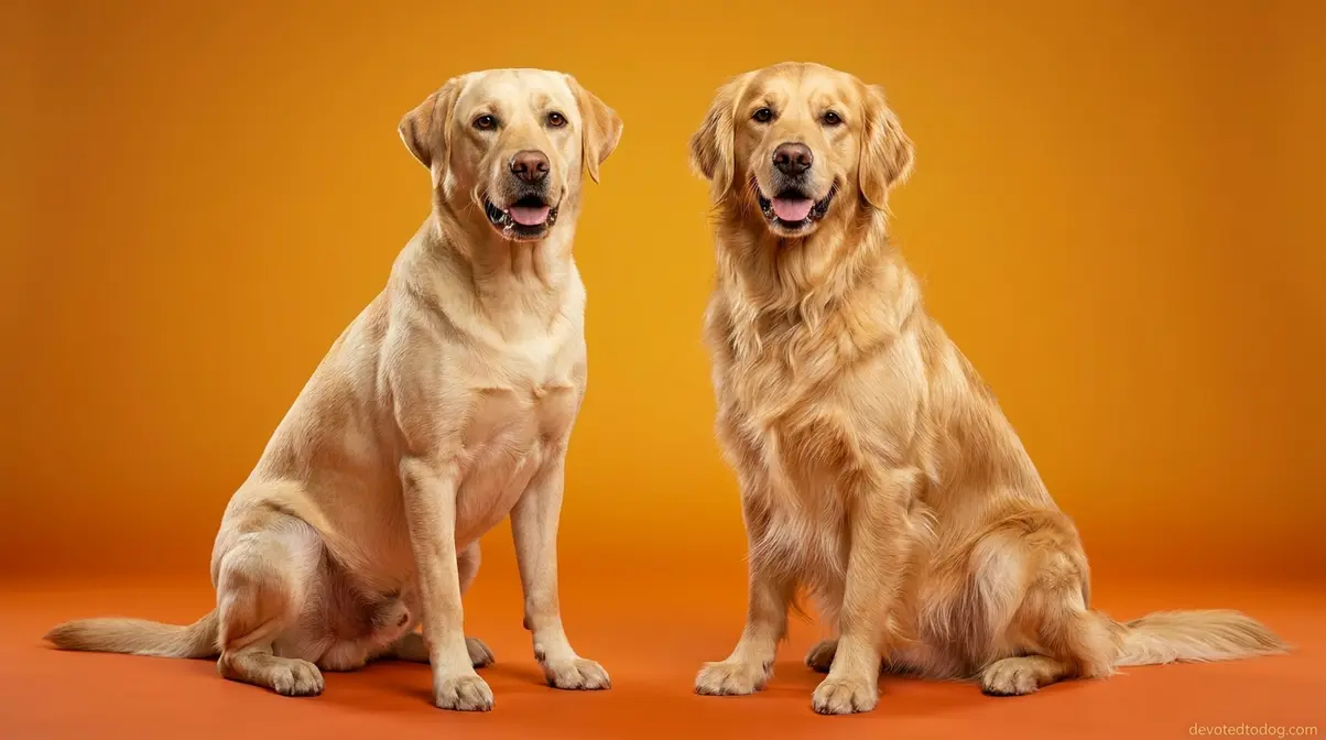 Yellow Labrador Retriever sitting beside a Golden Retriever showing coat and size comparison