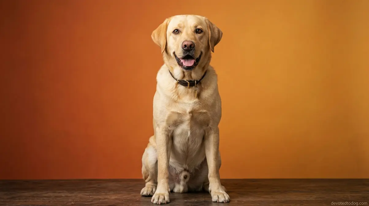Yellow Labrador Retriever in sitting pose showing its short dense coat and friendly Golden Retriever-like expression