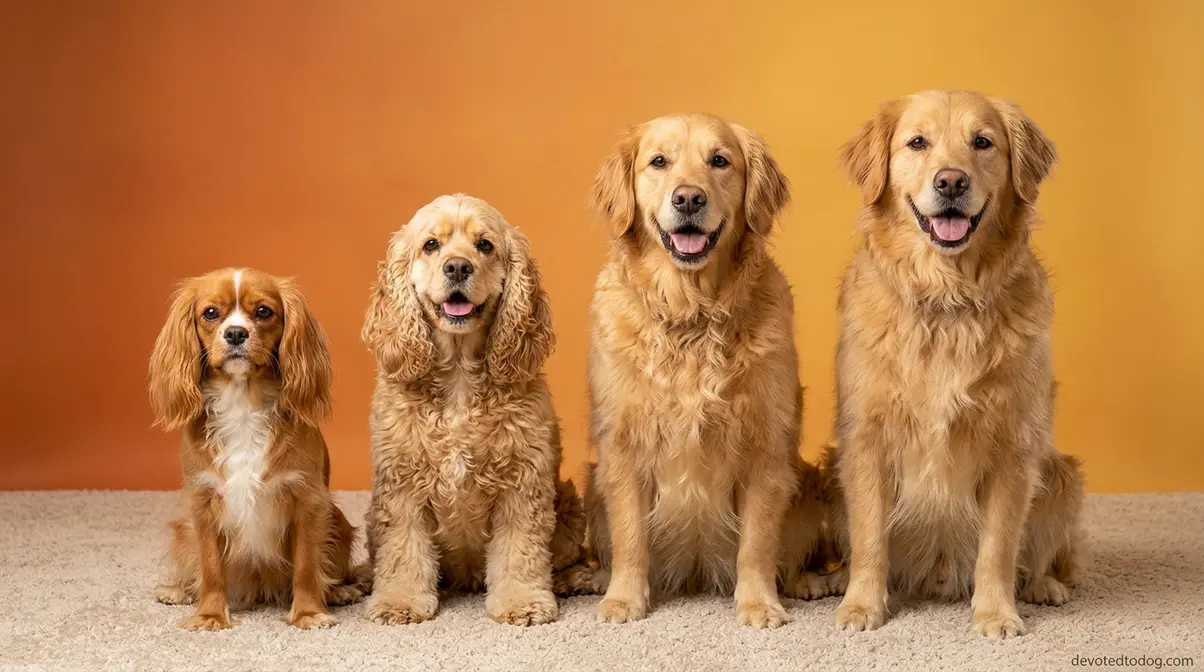 Four small dogs similar to Golden Retrievers including Cavalier, Golden Cocker Retriever, and Cocker Spaniel