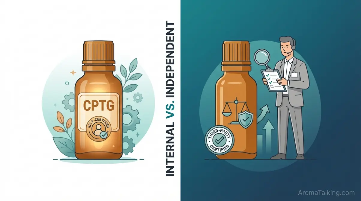 Conceptual illustration comparing doTERRA CPTG internal certification against independent third-party essential oil testing standards