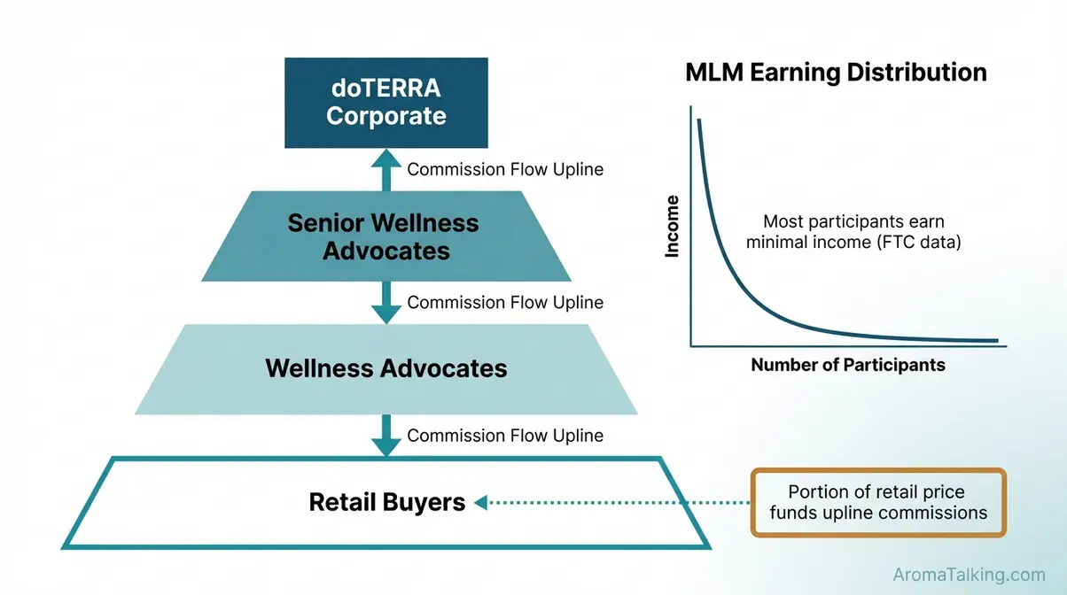 Diagram of doTERRA MLM multi-level marketing structure showing commission hierarchy and how retail buyer pricing is affected