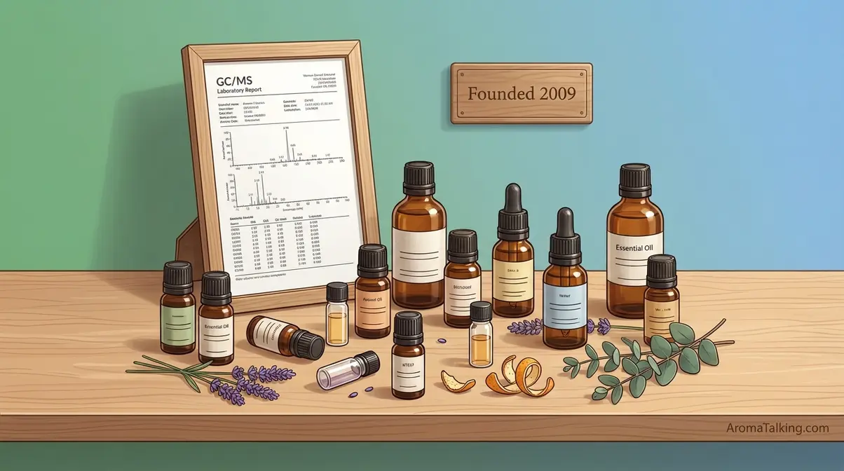 Edens Garden essential oils brand overview showing amber bottles GC/MS reports and botanical ingredients