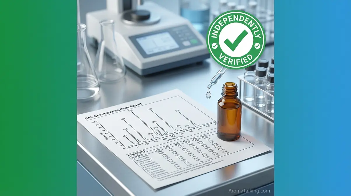 Essential oil purity and safety standards showing GC/MS testing report and amber bottle verification process