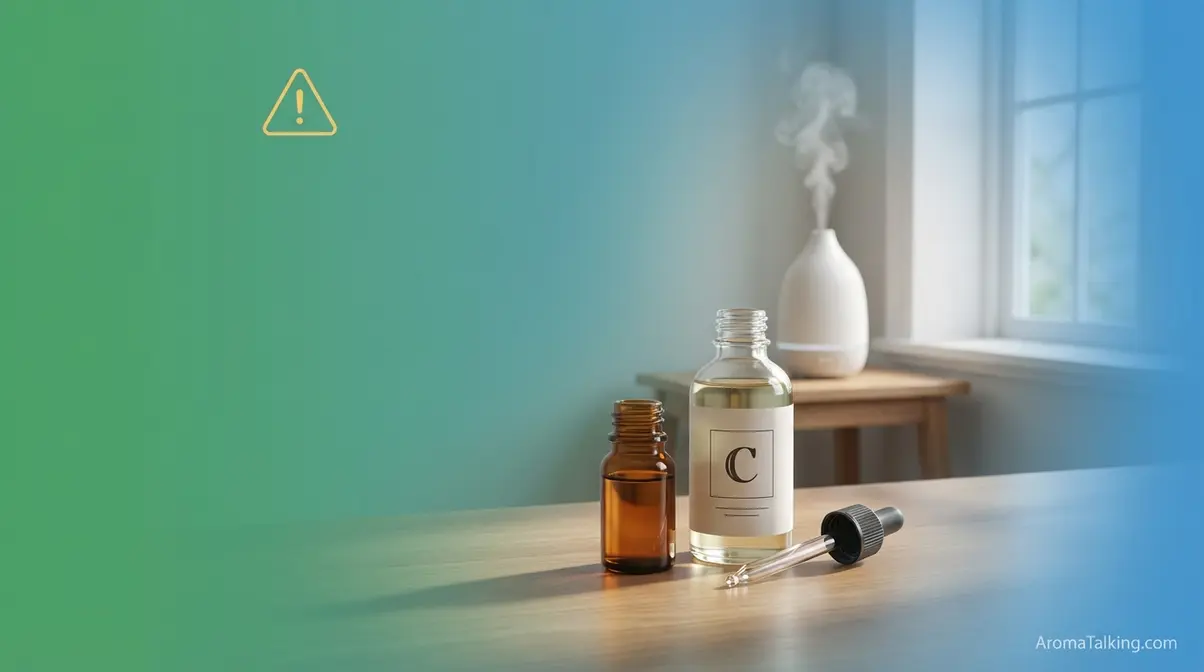 Essential oil safety and limitations showing proper dilution tools carrier oil and diffuser with ventilation