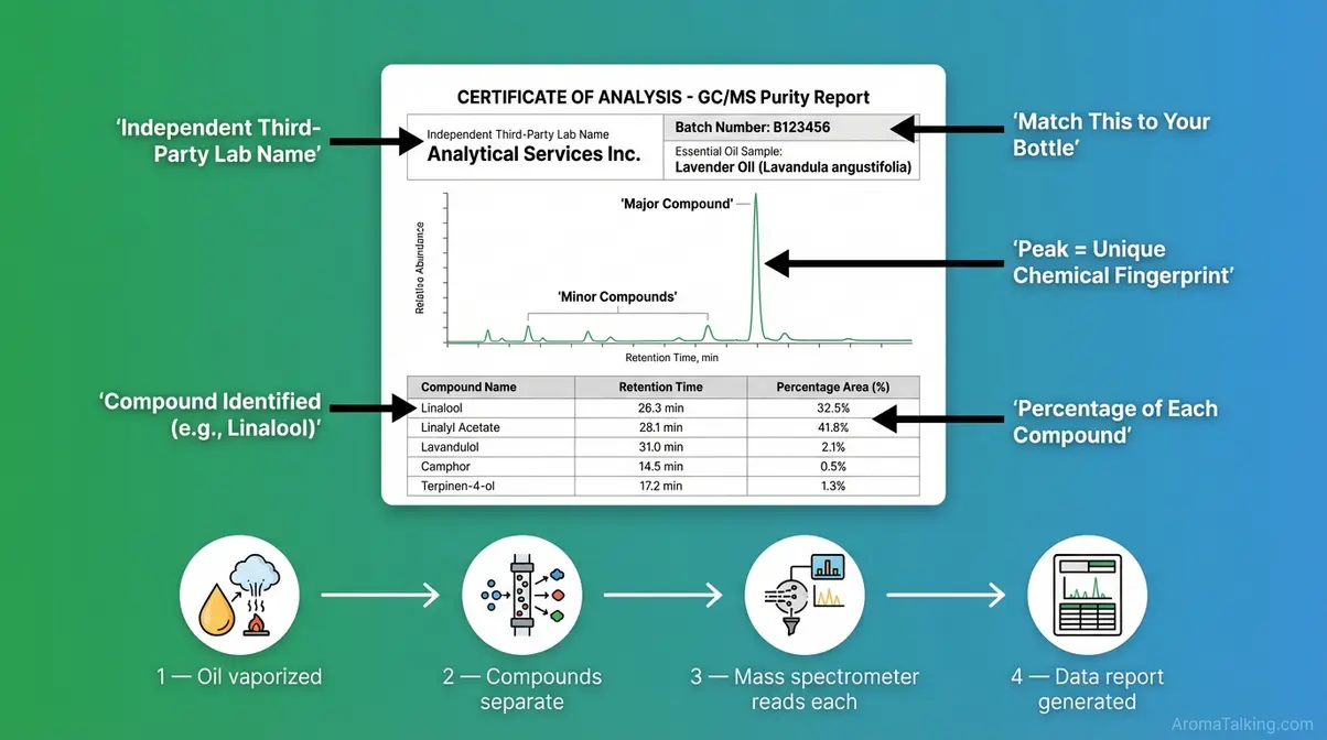 How to read a GC/MS essential oil purity report explained with annotated diagram callouts