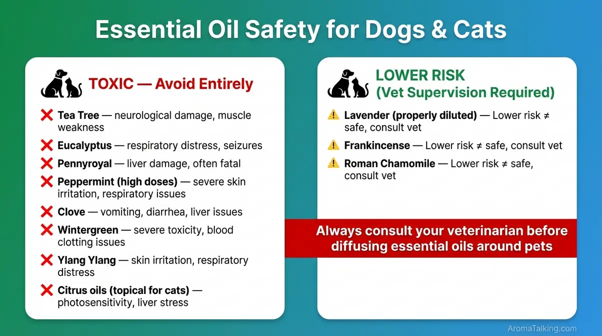 Essential oils toxic versus safe for dogs and cats pet safety infographic with warning and lower-risk categories
