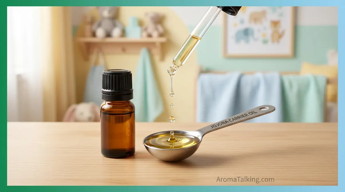 Safe essential oil dilution for children showing carrier oil measurement and dropper beside amber bottle