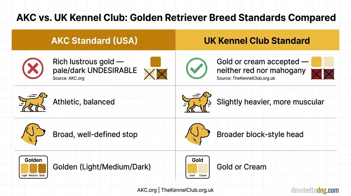 Side-by-side infographic comparing AKC and UK Kennel Club breed standards for Golden Retrievers including coat color rules