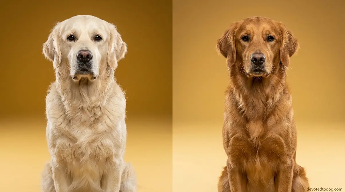 Two Golden Retrievers side by side showing pale cream English type and darker gold American type coat color difference
