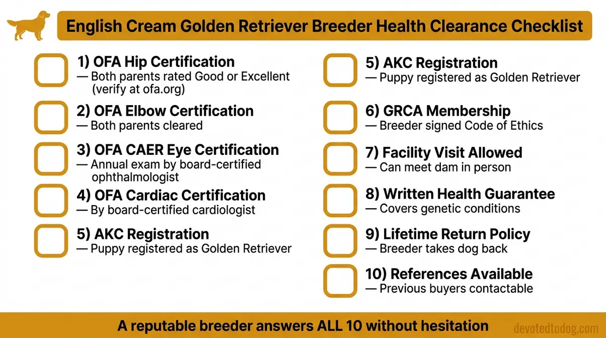 Illustrated checklist of ten OFA and CAER health clearances to request from English Cream Golden Retriever breeders before purchase