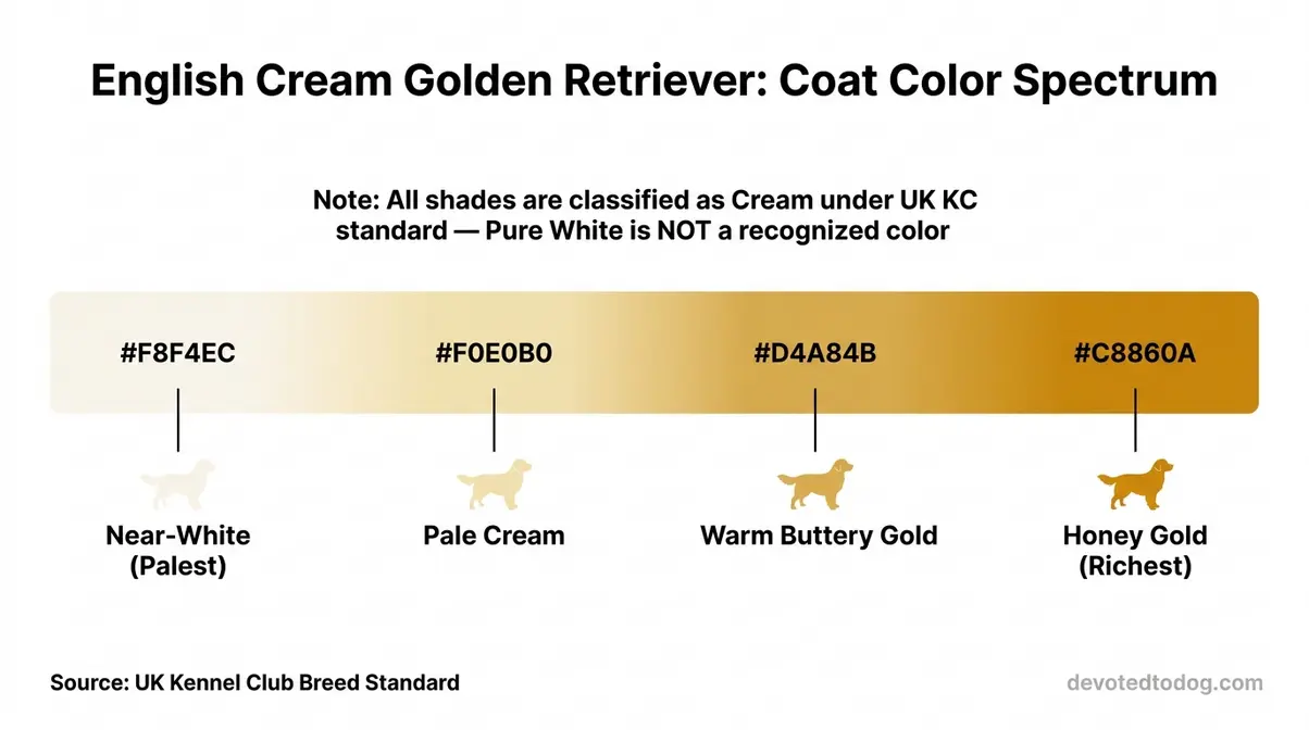 Coat color spectrum chart showing English Cream Golden Retriever shades from near-white to warm honey gold