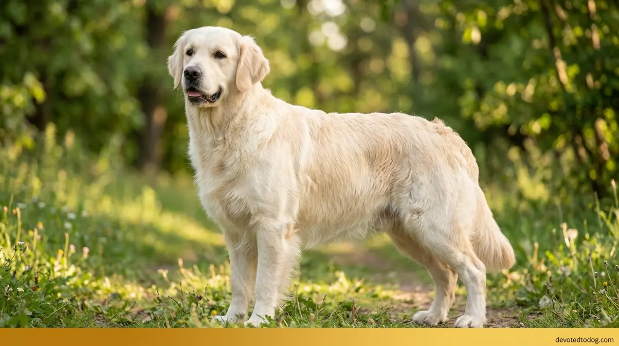 Full-body English Cream Golden Retriever standing outdoors showing medium-large build and pale cream double coat