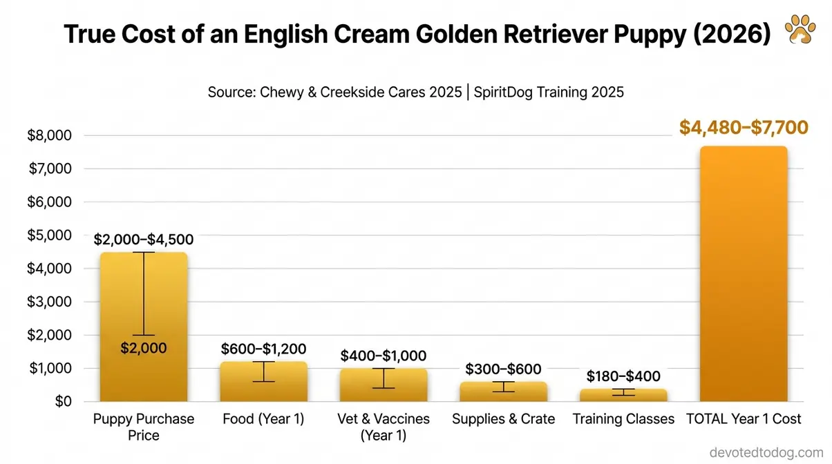 Bar chart showing purchase price and first-year ownership costs for an English Cream Golden Retriever puppy totaling up to seven thousand dollars