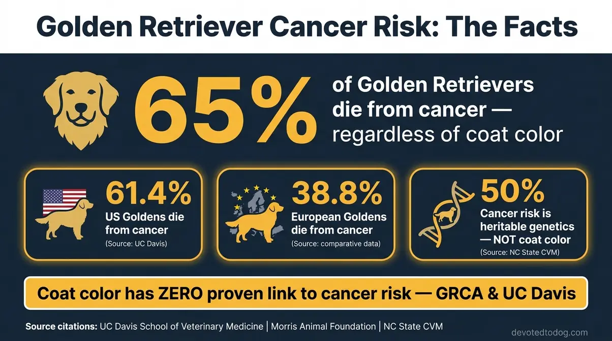 Infographic showing 65 percent lifetime cancer risk in all Golden Retrievers regardless of coat color with breed-wide statistics