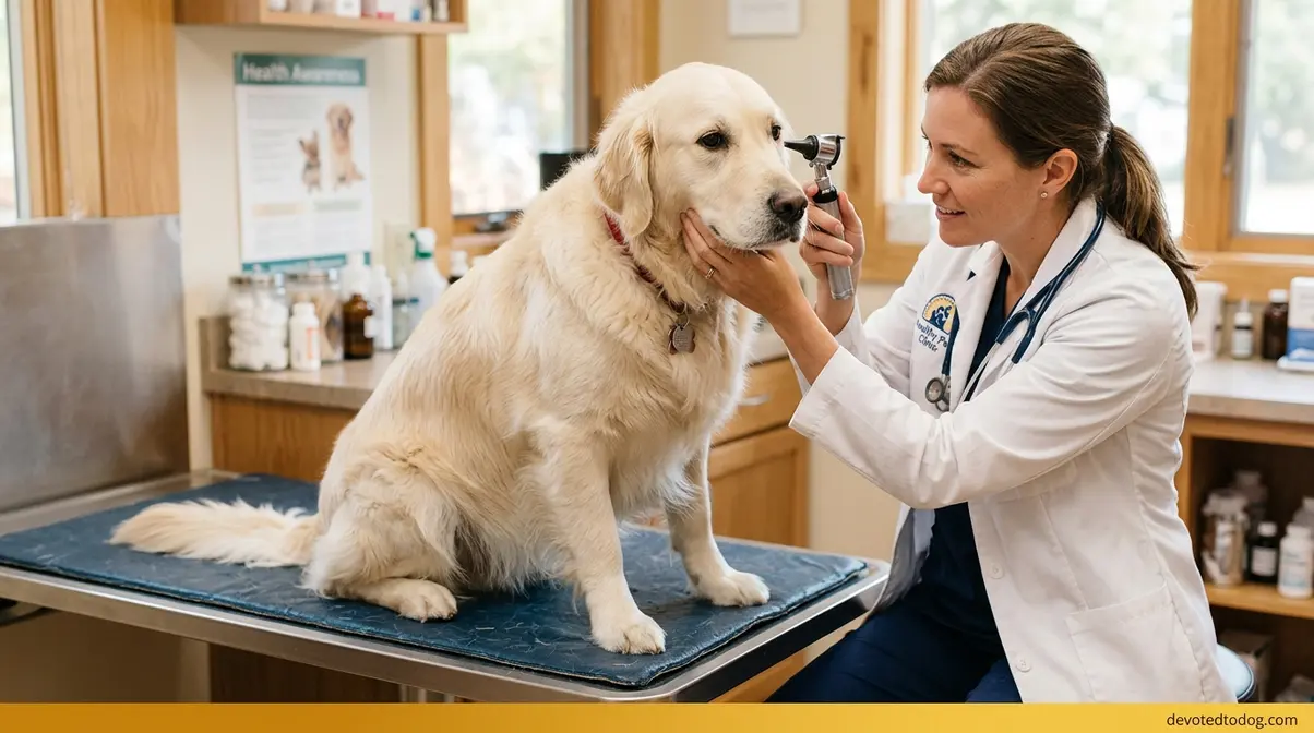 English Cream Golden Retriever at veterinary exam showing responsible health care and breed temperament