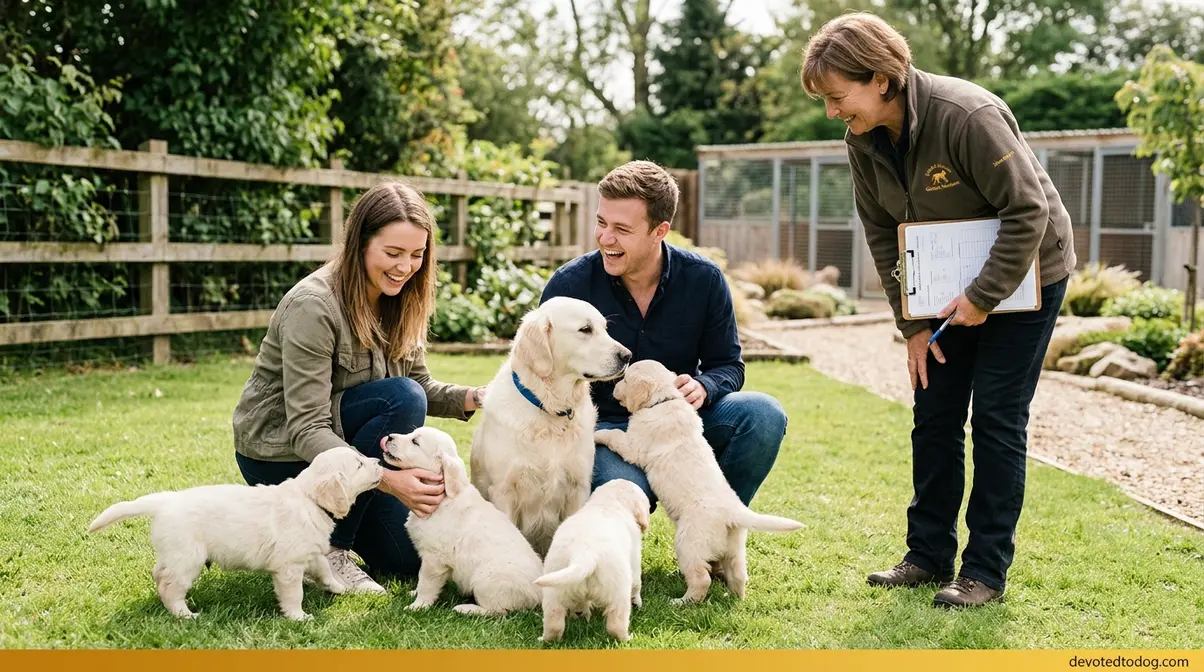 Family visiting reputable English Cream Golden Retriever breeder meeting the mother dog and reviewing health documentation