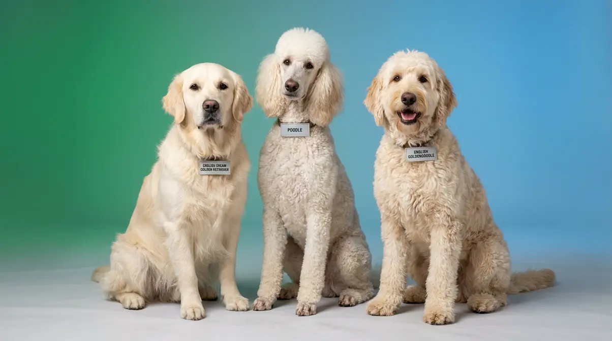 English Goldendoodle sitting beside its parent breeds English Cream Golden Retriever and Poodle