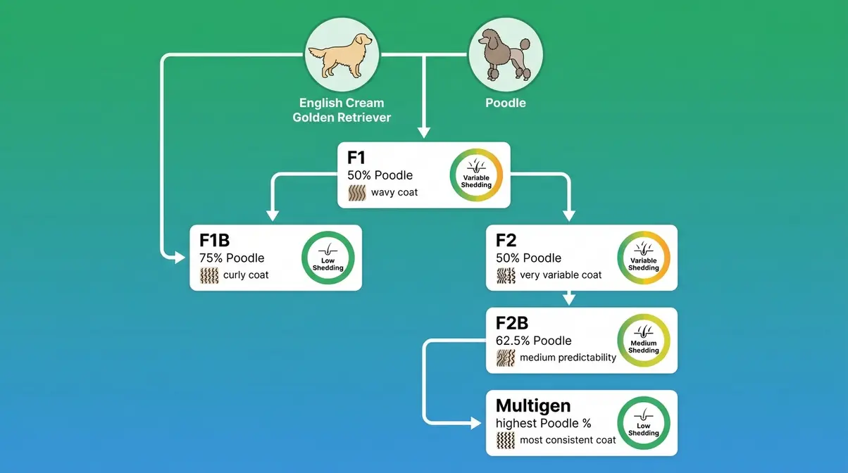 Flowchart showing English Goldendoodle F1 F1B and F2 generation parent pairings with coat type outcomes