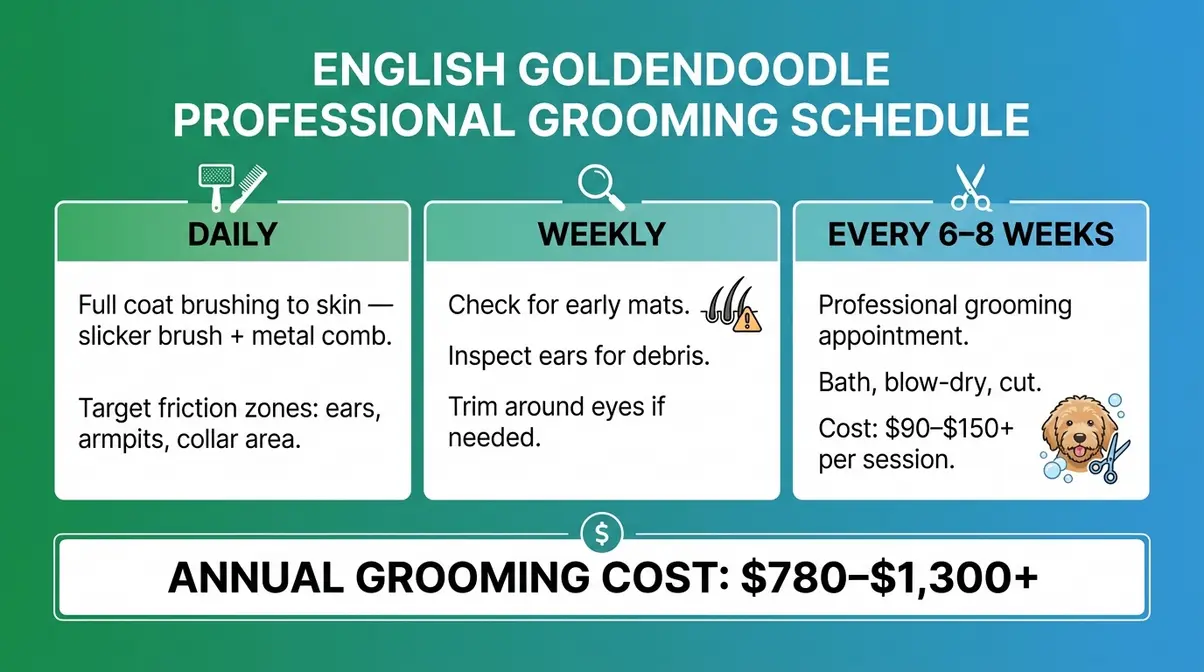English Goldendoodle grooming schedule chart showing daily brushing weekly checks and 6 to 8 week professional grooming cycle