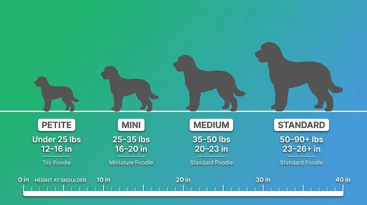 English Goldendoodle size chart comparing petite mini medium and standard varieties with weight and height ranges