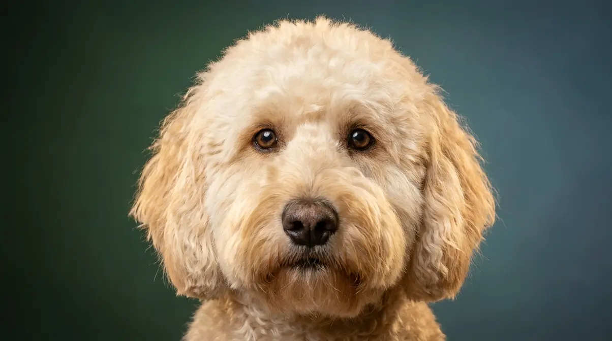English Goldendoodle with teddy bear look showing round face short muzzle and cream coat