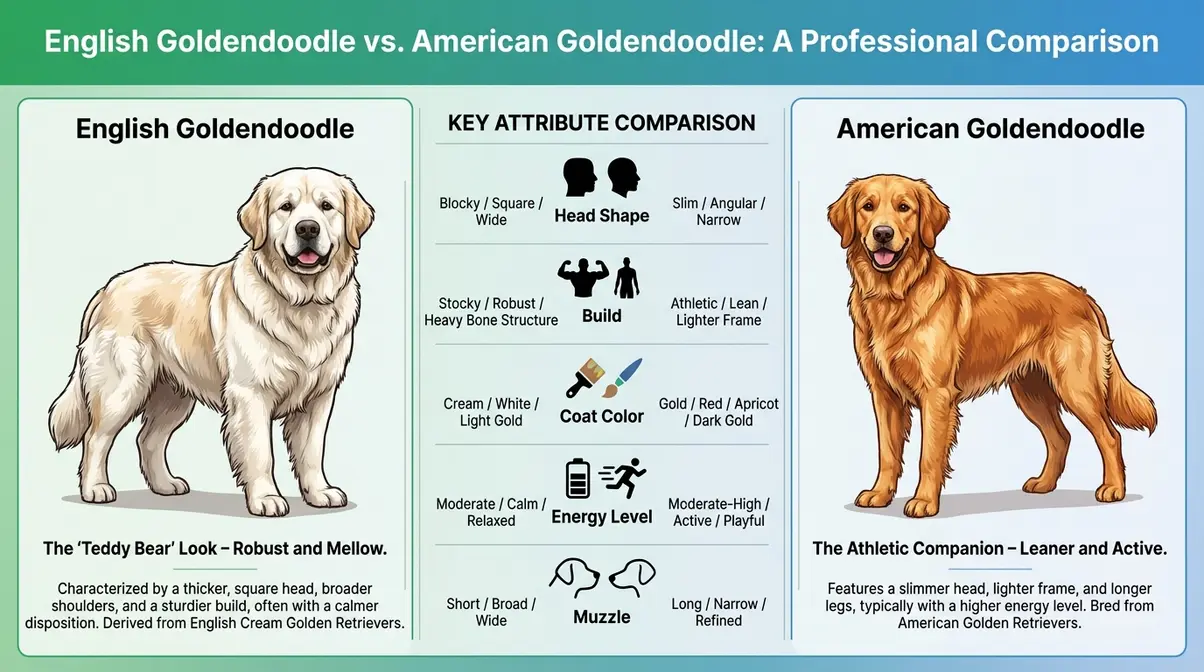 English Goldendoodle versus American Goldendoodle comparison showing head shape coat color and build differences
