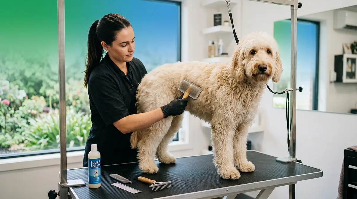 English Goldendoodle being groomed with slicker brush showing coat maintenance process