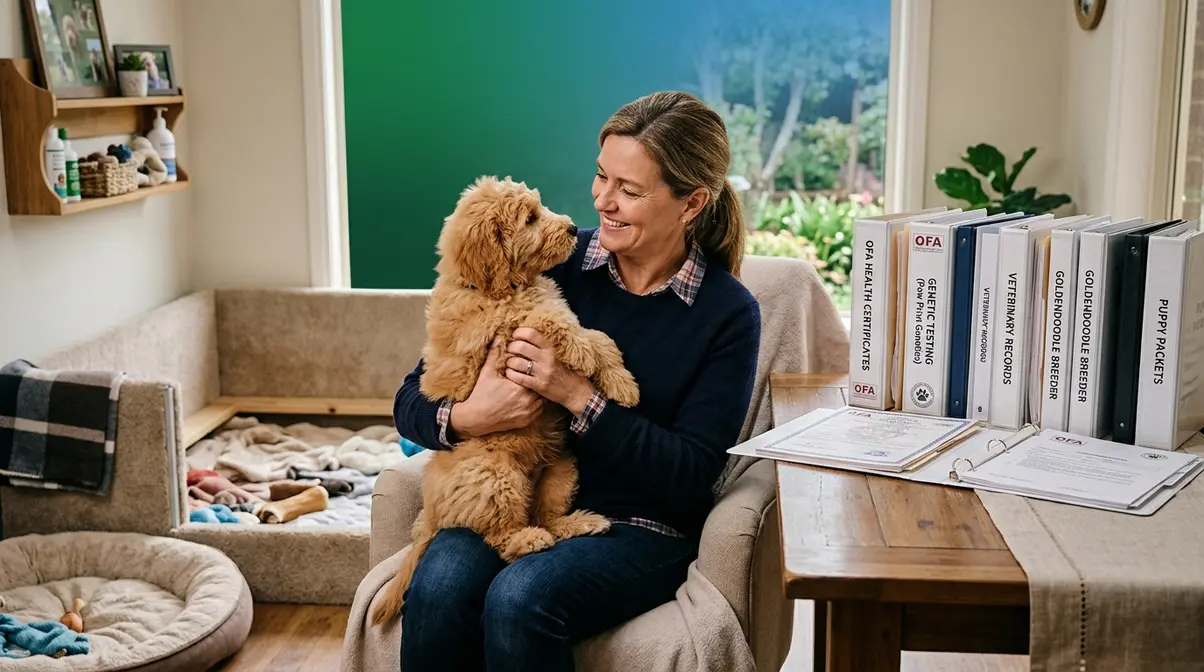 Reputable English Goldendoodle breeder holding puppy with health testing certificates visible