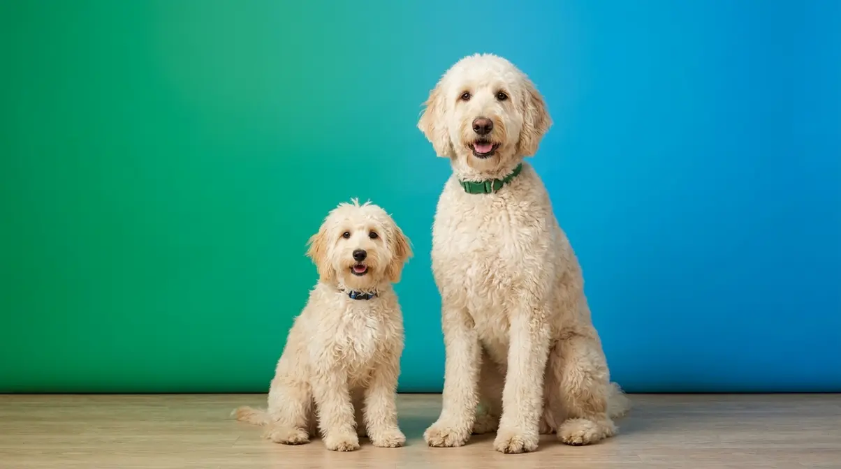 English Goldendoodle size comparison showing small petite and large standard doodle side by side