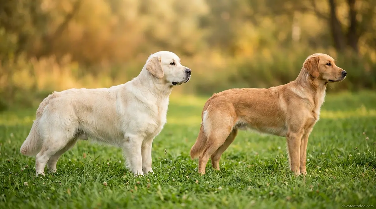Two Golden Retrievers outdoors showing stocky English build versus lean American athletic build