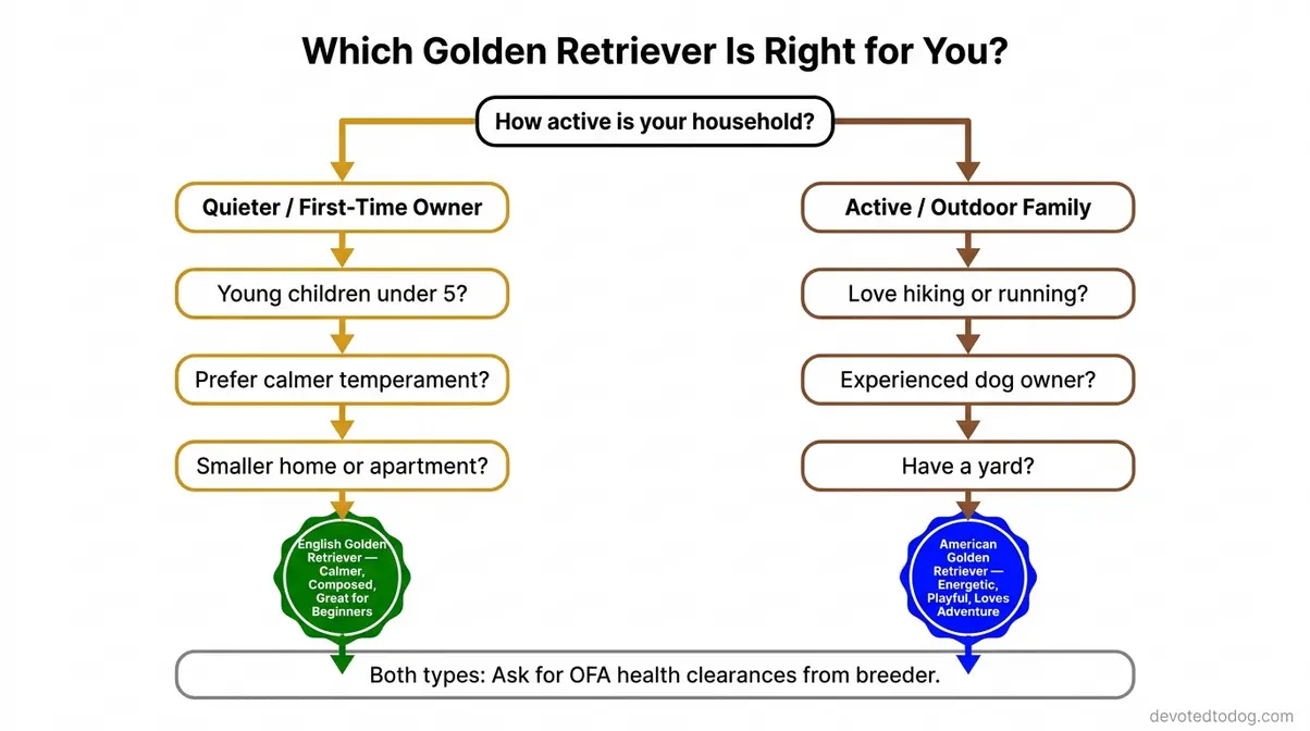 Flowchart helping prospective owners choose between English vs American Golden Retriever based on lifestyle factors