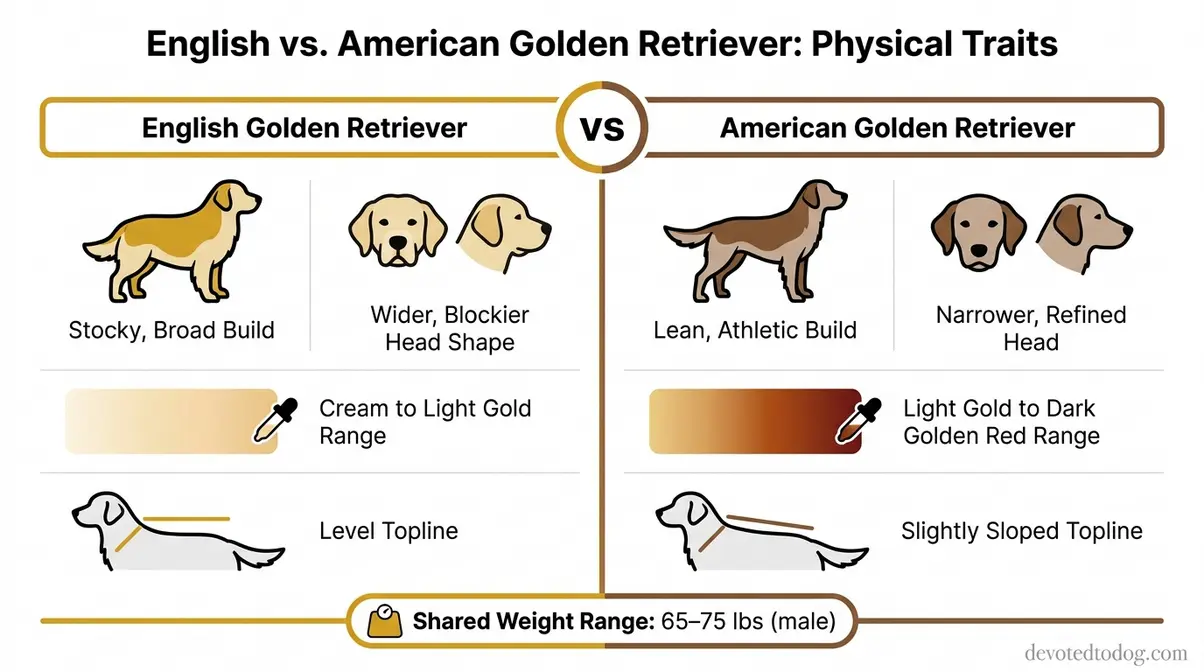 Infographic comparing English vs American Golden Retriever build, head shape, and coat color side by side
