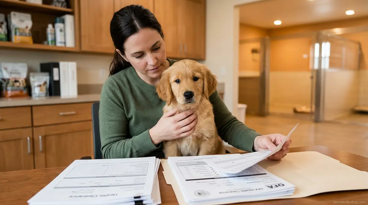 Golden Retriever puppy being evaluated at reputable breeder with health clearance documents visible