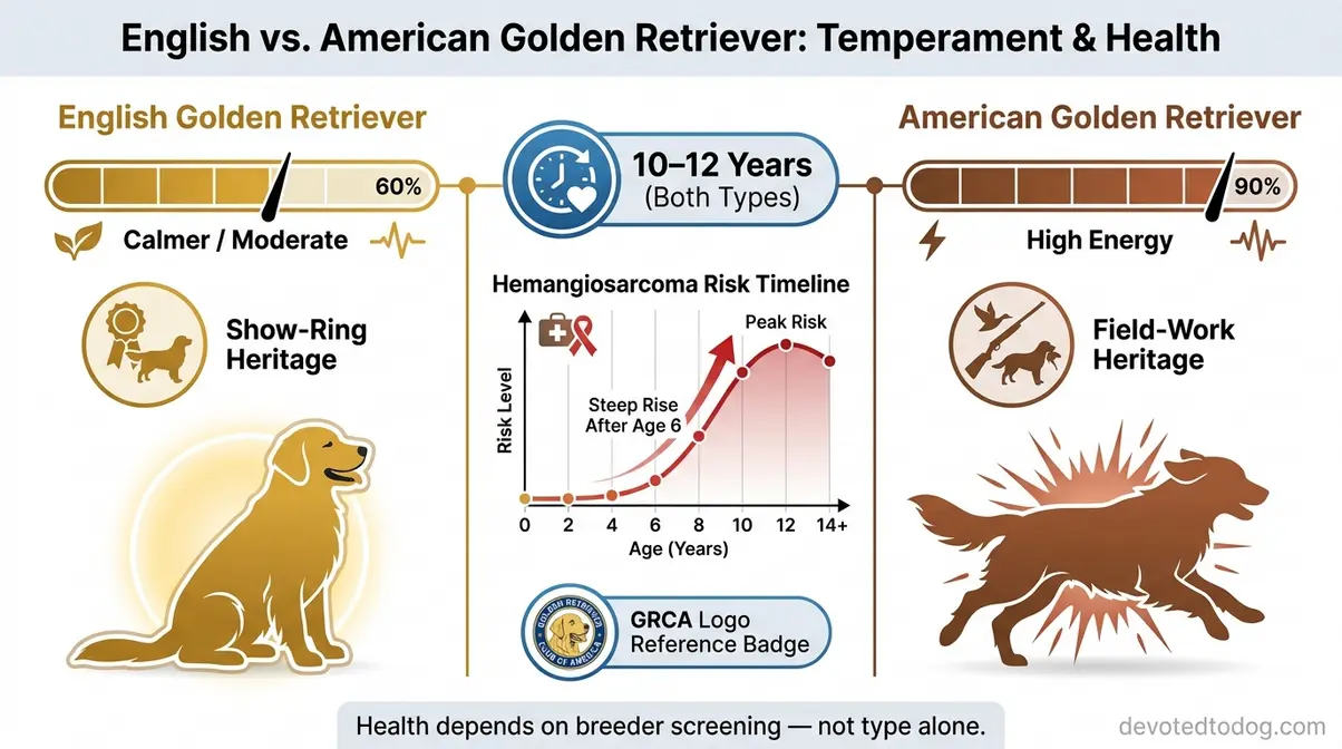 Infographic comparing English vs American Golden Retriever temperament energy levels and health statistics
