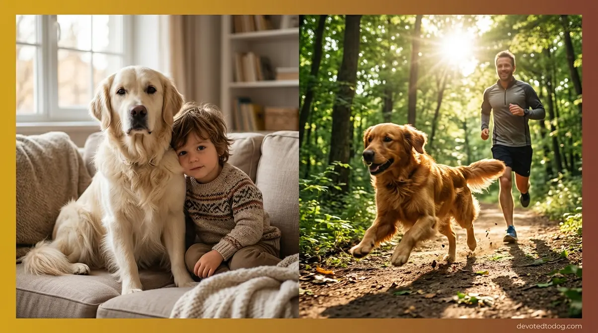 English Golden Retriever calm indoors with child versus American Golden Retriever running outdoors on trail