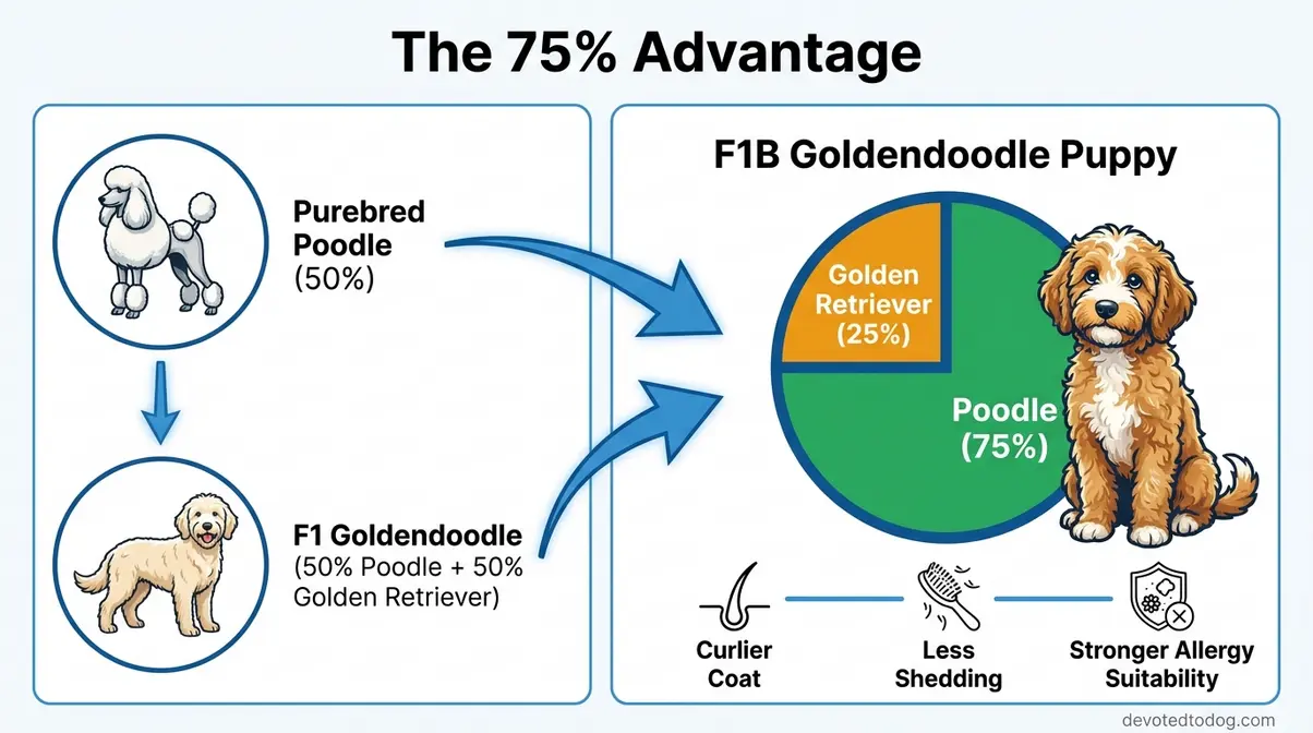 F1B Goldendoodle genetics infographic showing 75% Poodle and 25% Golden Retriever breakdown