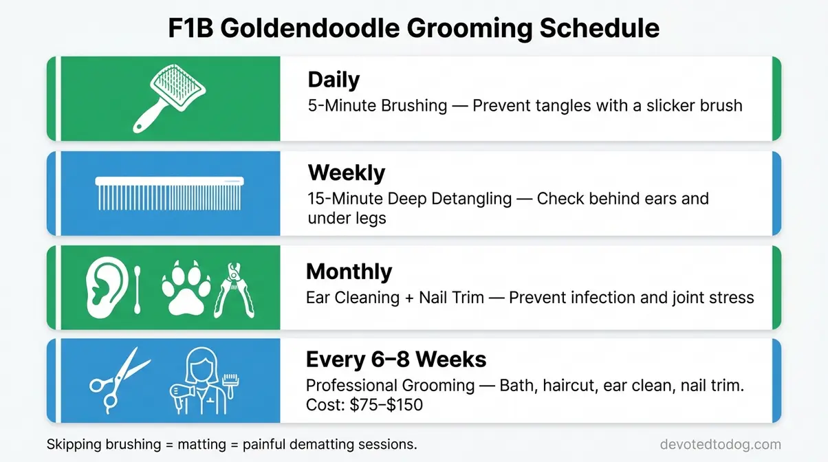 F1B Goldendoodle grooming schedule infographic showing daily weekly monthly and professional grooming steps