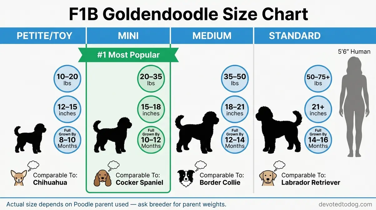 F1B Goldendoodle size chart comparing Mini Medium Standard with weight height and human silhouette for scale