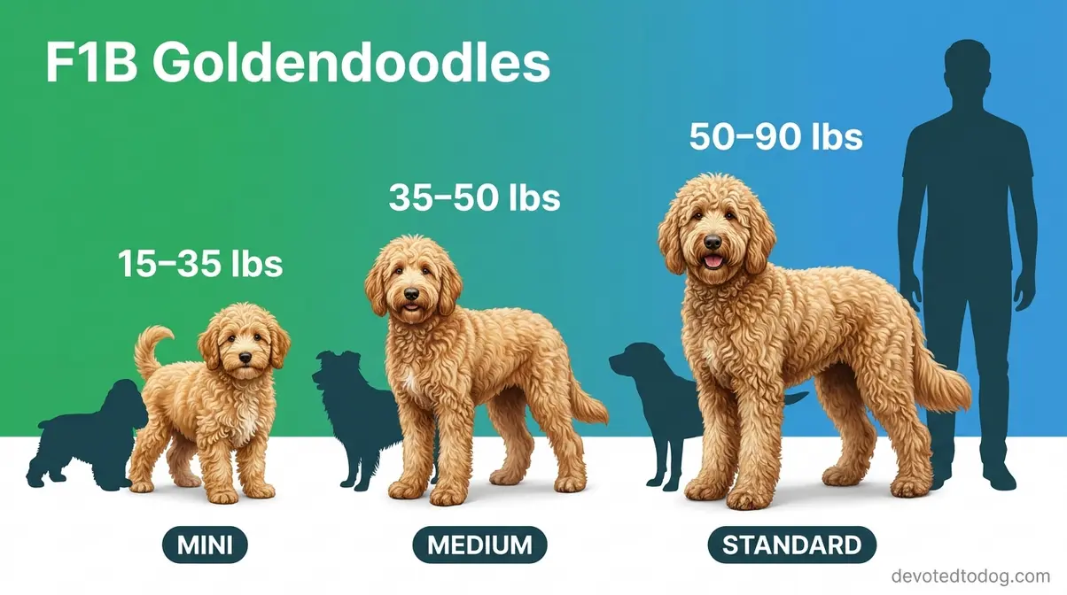 F1B Goldendoodle size comparison showing Mini Medium and Standard sizes with weight labels