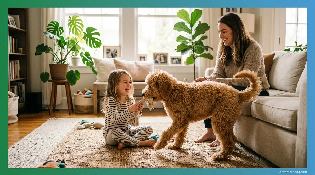 F1B Goldendoodle playing with a child and family in a bright home living room