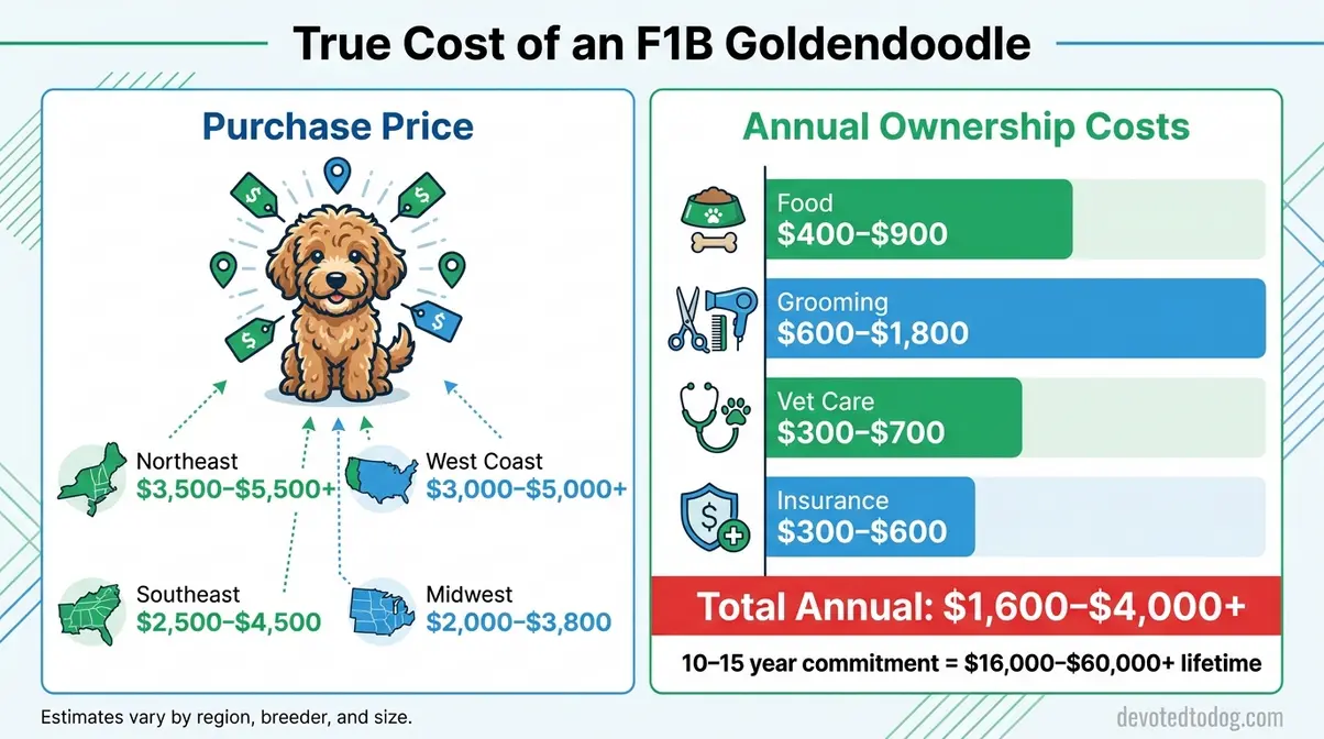 Infographic showing F1B Goldendoodle purchase price versus lifetime ownership costs including grooming and vet care