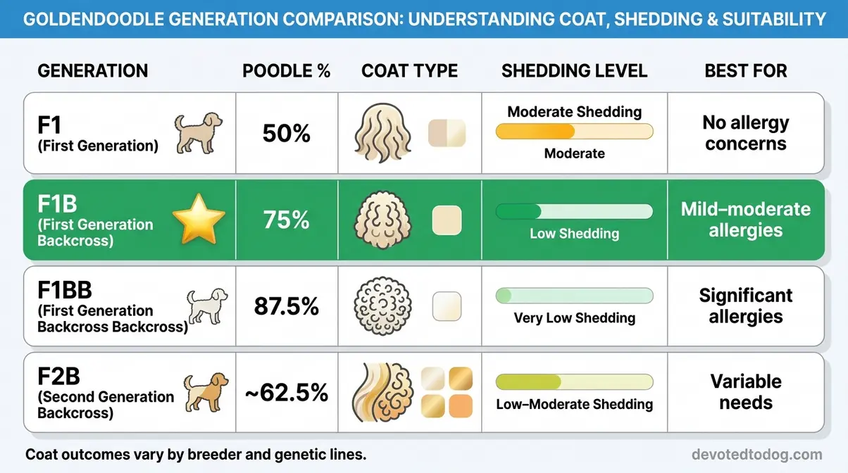 Infographic comparing F1 F1B F1BB F2B Goldendoodle generations with Poodle percentage and shedding levels