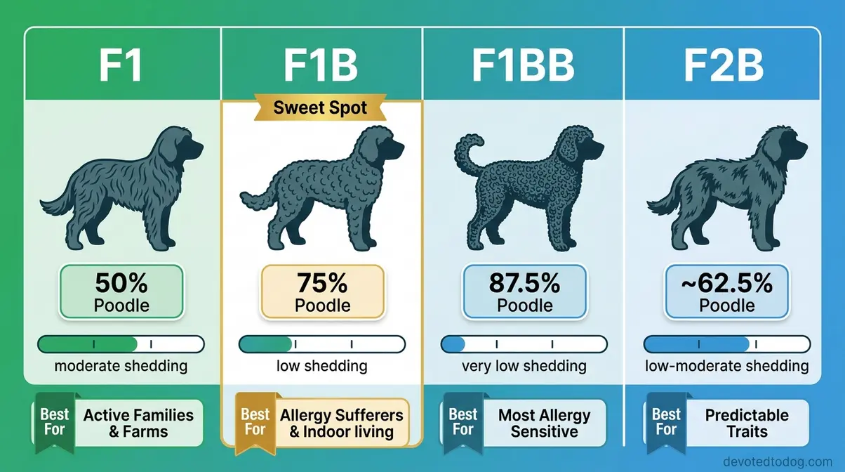 Goldendoodle generation comparison chart showing F1 F1B F1BB F2B Poodle percentage and shedding levels