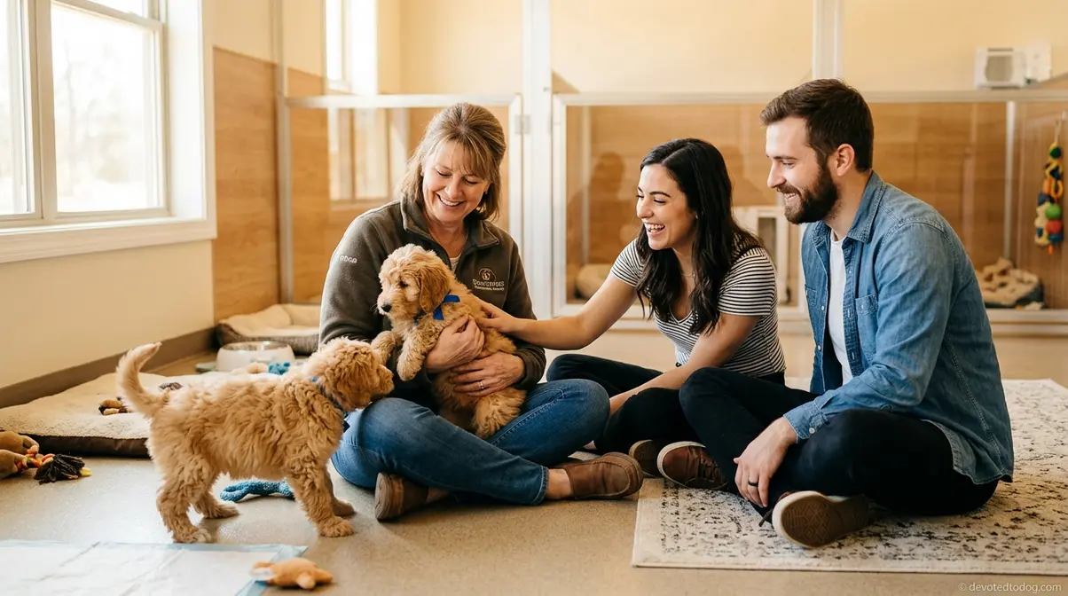 Reputable breeder showing F2B Goldendoodle puppies to family in clean bright kennel