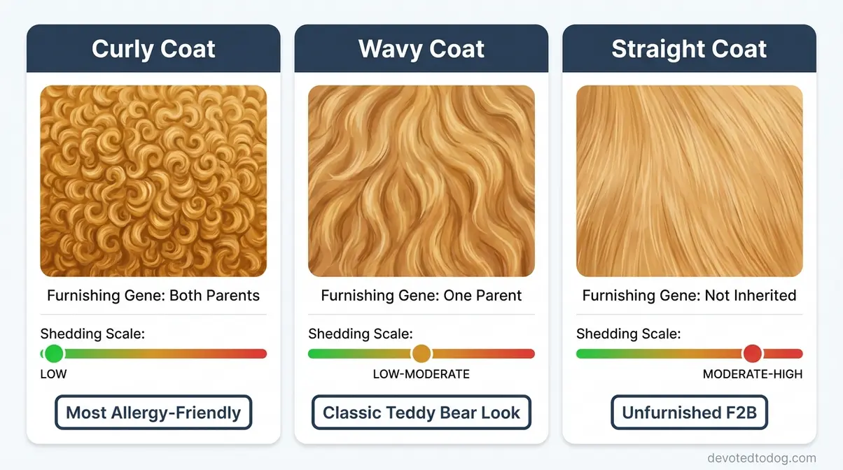 F2B Goldendoodle coat types infographic showing curly wavy and straight coats with shedding level scale