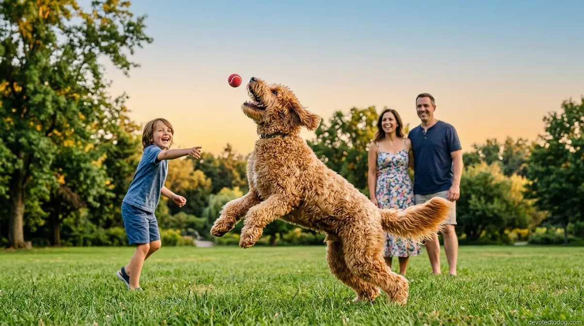 F2B Goldendoodle playing fetch with family outdoors showing energetic friendly temperament