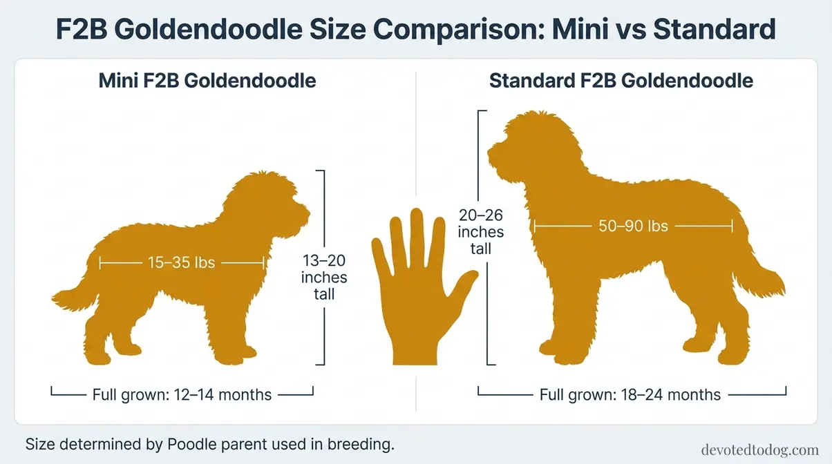 F2B Goldendoodle size comparison chart showing mini 15 to 35 lbs versus standard 50 to 90 lbs full grown