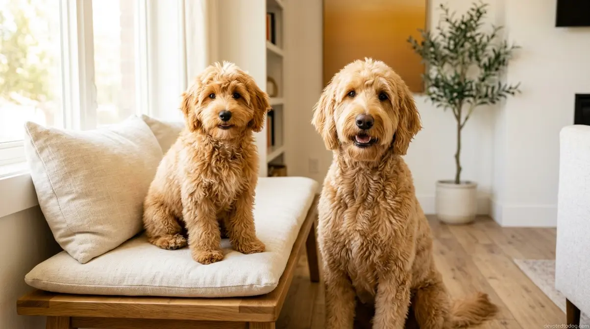 Mini and Standard F2B Goldendoodle sitting together showing size difference in home setting