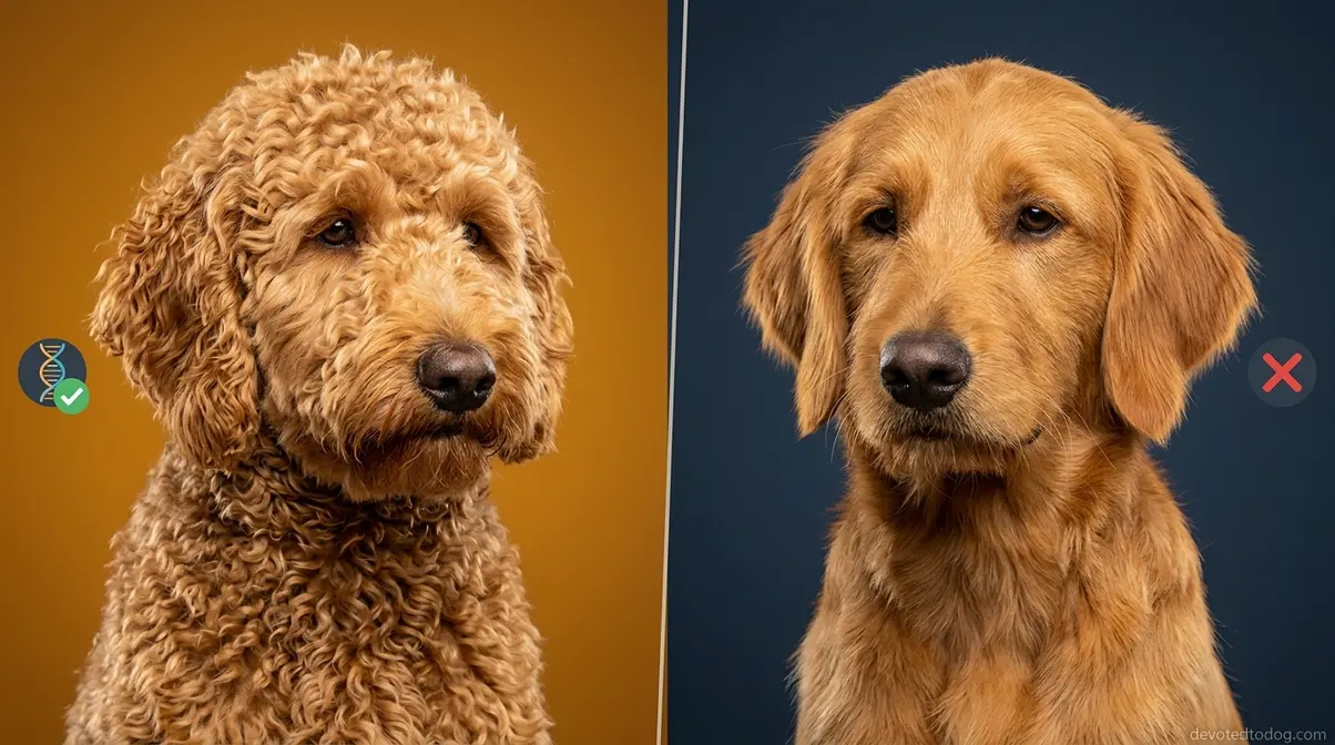 Side by side comparison of furnished curly coat versus unfurnished straight coat Goldendoodle